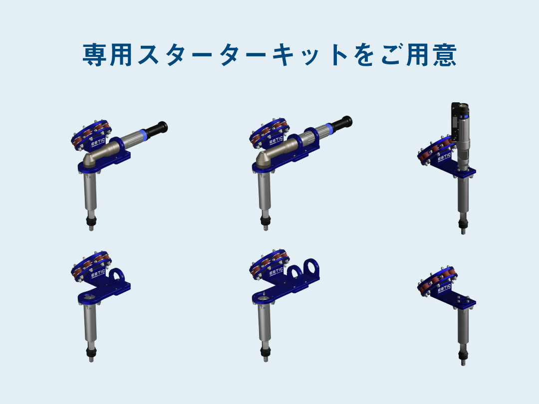 専用スターターキットをご用意。3種類のブラケットとそれぞれの取付イメージ。