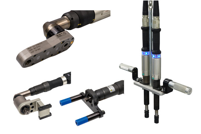 ハンドナットランナのカスタム事例を４つ並べた画像。クローフット、倍力ユニット、反力受けユニット、マルチスピンドル。